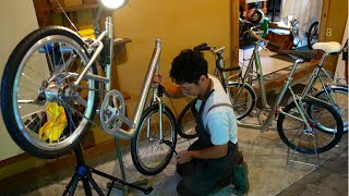 The process of making Japanese high-end handmade bicycles. A handmade bicycle factory in Japan.