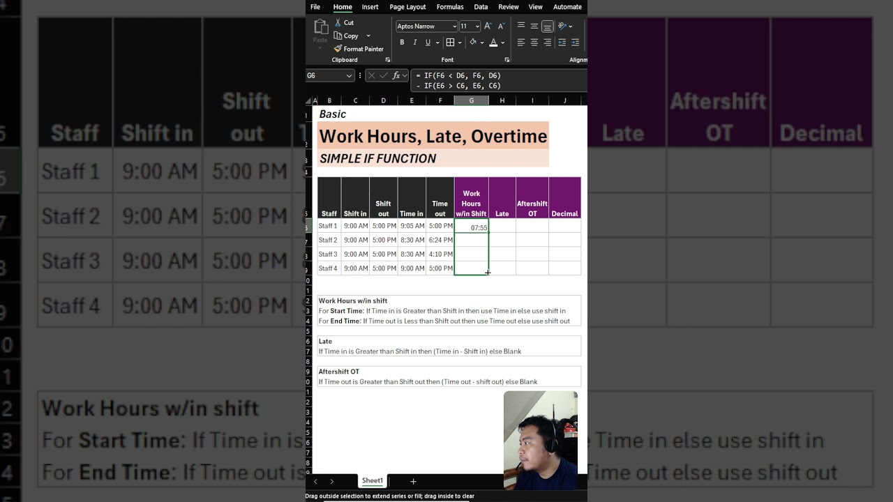 Quick Tutorial - Work hours, Late, Overtime Calculation using IF