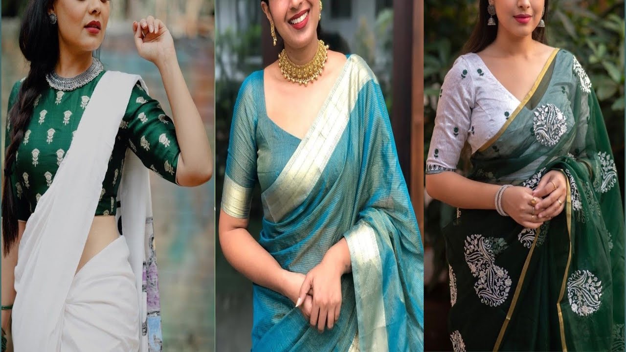 Cotton saree with contrast blouse pattern | Simple Cotton saree | Georgette saree