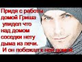 Придя с работы домой Гриша увидел что над домом соседки нету дыма из печи. И он побежал к ней домой.