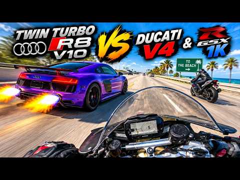 Awesome Audi R8 V10 Challenges Ducati Panigale V4 & Gixxer1K On Casual Beach Ride!