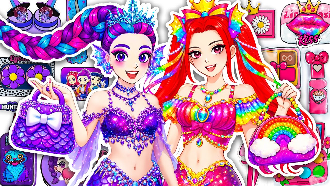 Paper DIY🎀 K-Pop Demon Hunters Rumi Mira Mermaid Glow Up + Makeup + Fashion Blind Box Unboxing |Hana