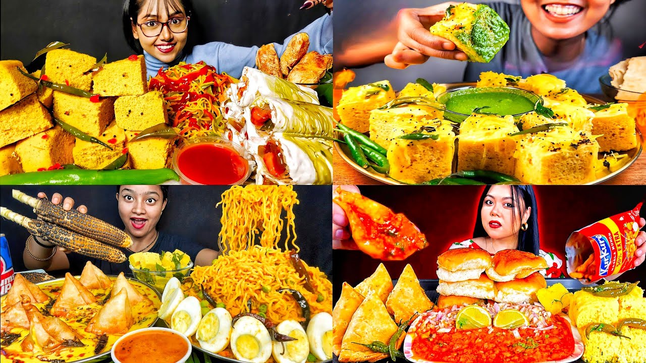 EATING DHOKLA WITH PICY GREEN CHATNEY MALAI CHAAP ROLL INDIAN STREET FOOD EATING SHOW EATING VIDEOS 