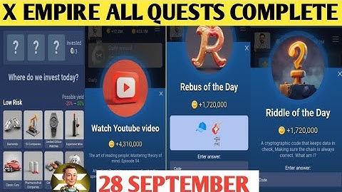 28-29 September All Quests Code X Empire | Riddle Of The Day | Rebus Of The Day | YouTube Video Code