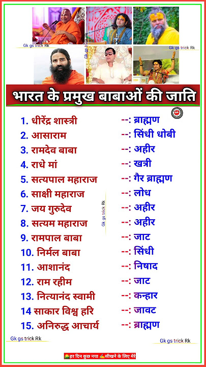 भारत के प्रमुख बाबा एवं उनके जाति। Caste of Indian Baba's #gkgstrickrk #shorts