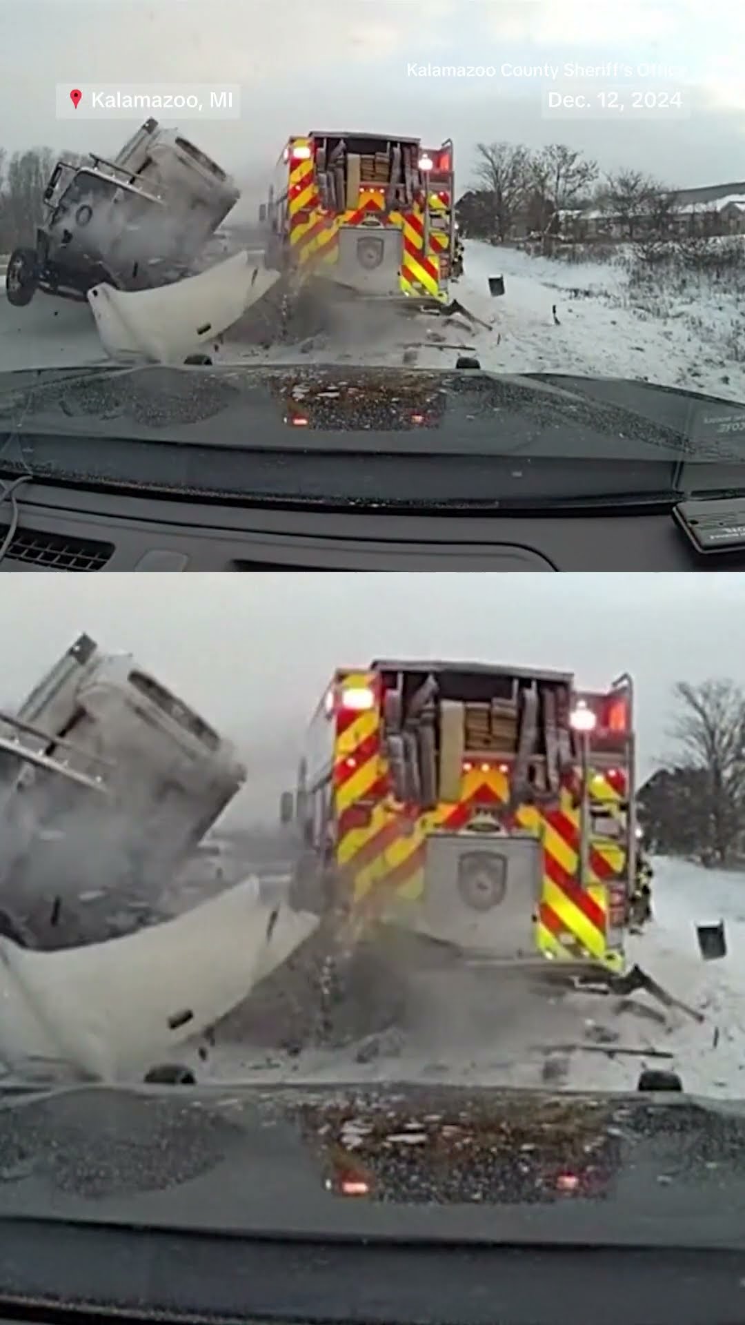 Dashcam video shows the moment a truck crashed into a fire truck