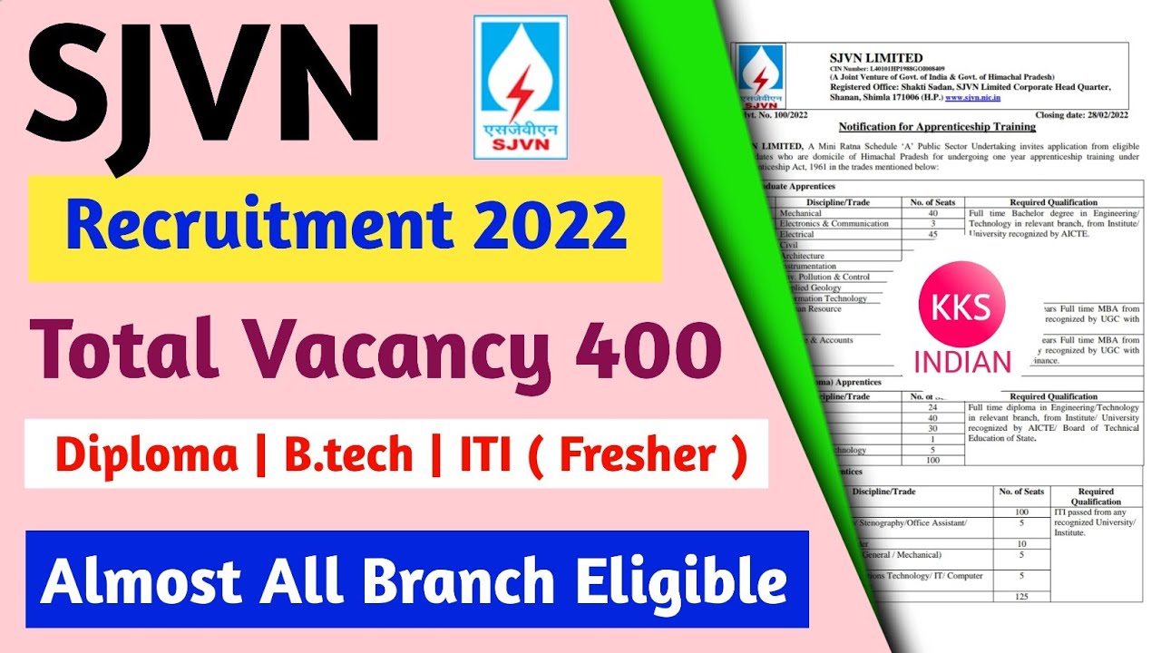 SJVN Recruitment 2022 | 400 Vacancy | Diploma B.tech ITI | Fresher | Almost All Branch 