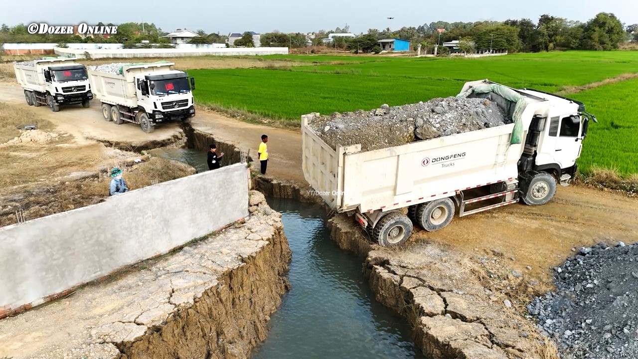 Great New Landfill Use SHANTUI Dozer C3& Many Dump Truck Unloading Stone Back Fill Sink Land