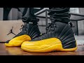 jordan 12 black and yellow on feet