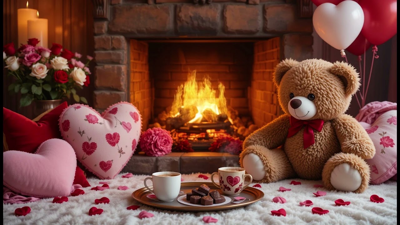 24/7 Cozy Valentine's Day Ambience ❤️ Romantic Valentine Background Music 🌹 Cozy Valentine Fireplace