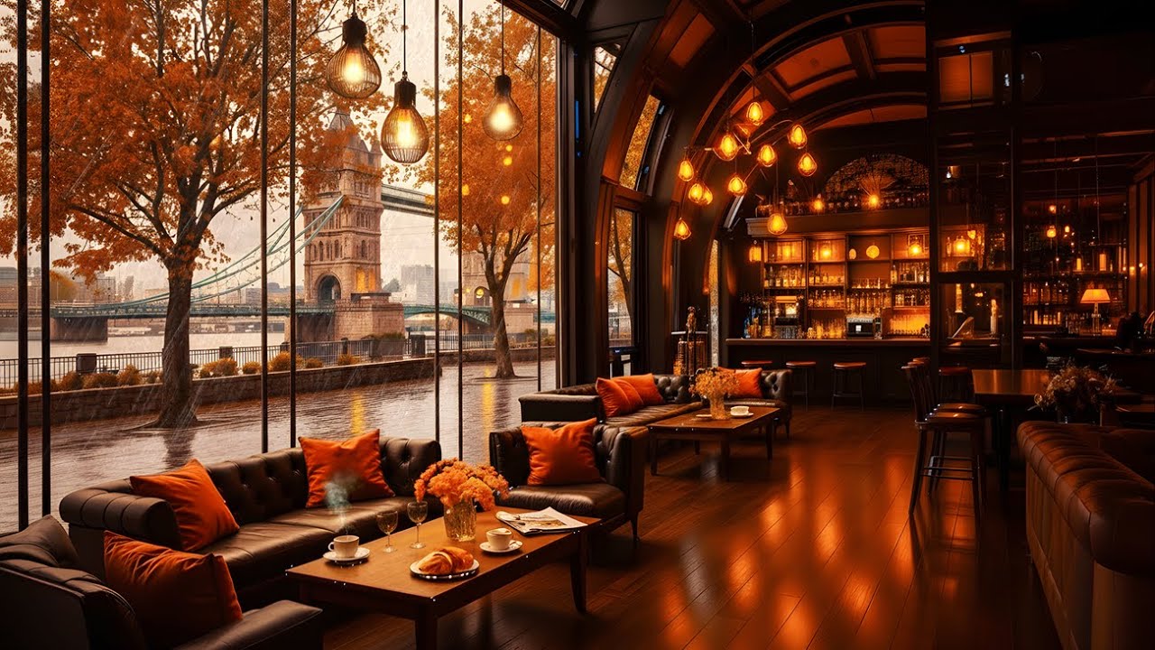 Warm Jazz Instrumental & Crackling Fireplace π Autumn Cafe Ambience in ...