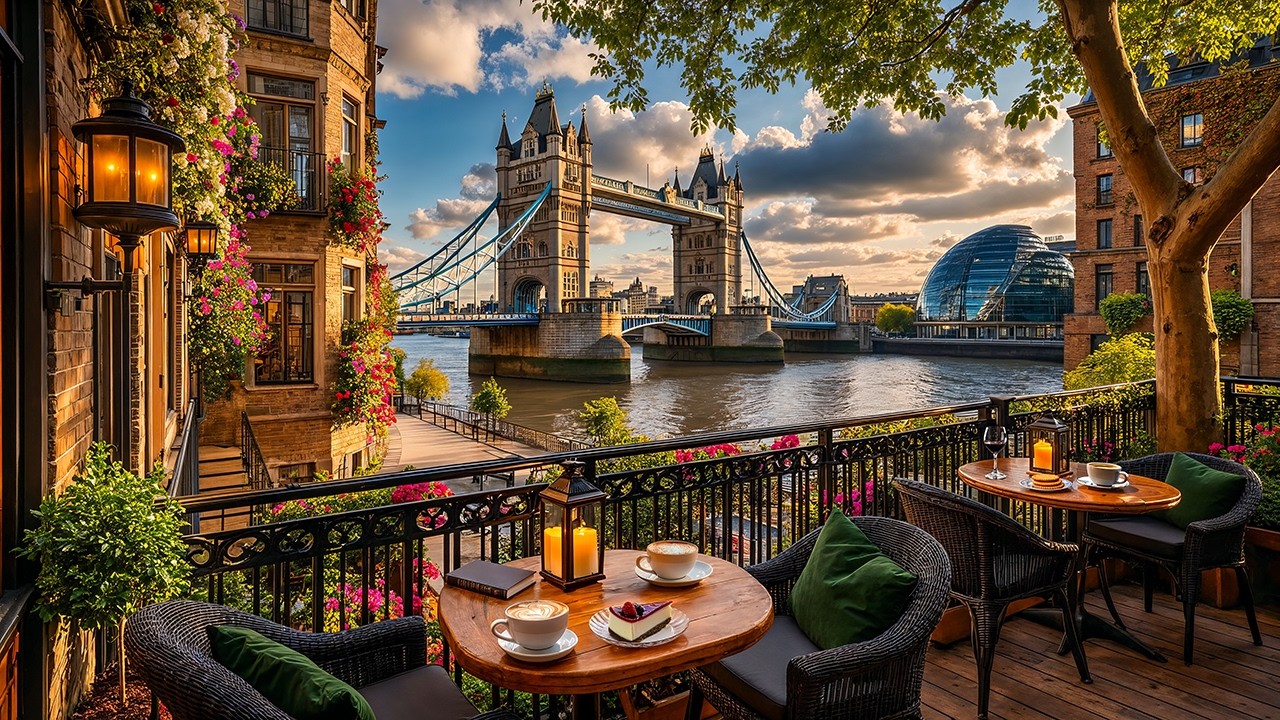 Spring Morning Jazz in London ☕ Tower Bridge Café Ambience & Relaxing Jazz Music for Study, Work