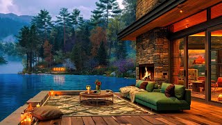 Smooth Piano Jazz Music in a Spring Cozy Lakeside Porch Ambience  Fireplace Sounds for Sleep, Relax