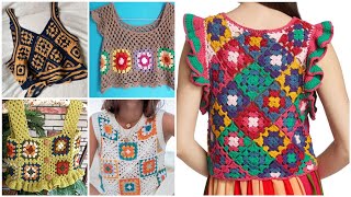 Most gorgeous granny crochet square pattern cotton thread top designs