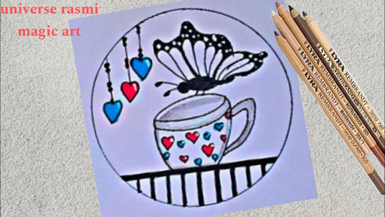 circle drawing || cup up tea with butterfly easy pencil drowing for kids and beginners. 