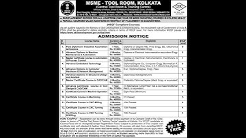 MSME TOOL ROOM KOLKATA ADMISSION NOTICE