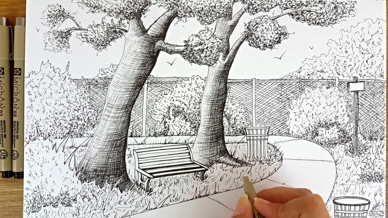 How to Draw A Park Scenery | Pen & Ink Drawing#2 - YouTube