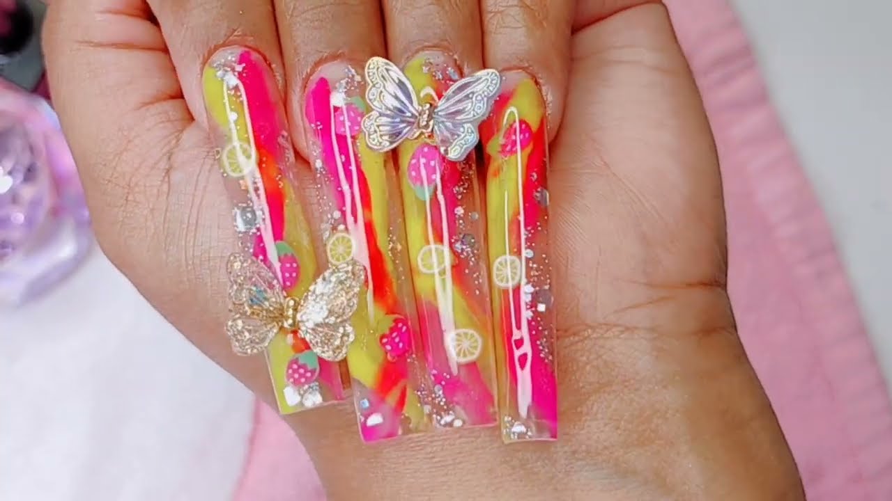 MY OWN RECREATION ON 3XL LENGTH/ SUMMER ACRYLIC NAILS WITH FIMOS 🍋🍓/ BEGINNER FRIENDLY DESIGN