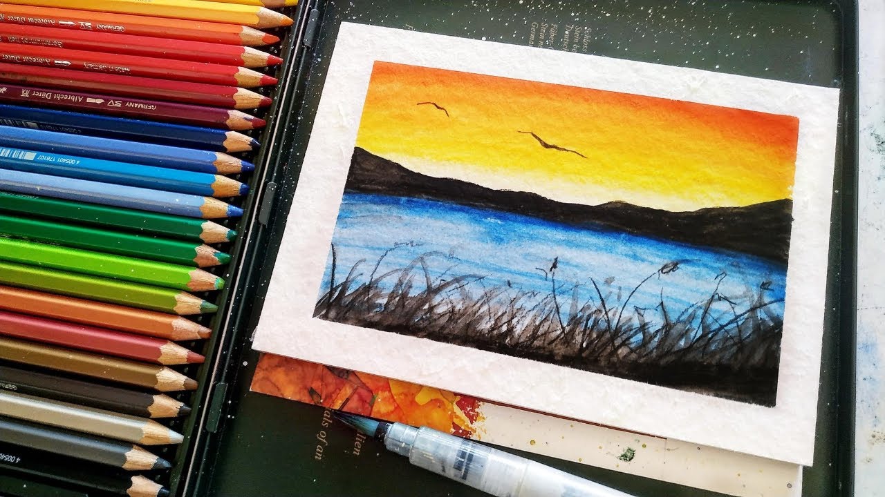 Easy watercolor pencils landscape for beginners 