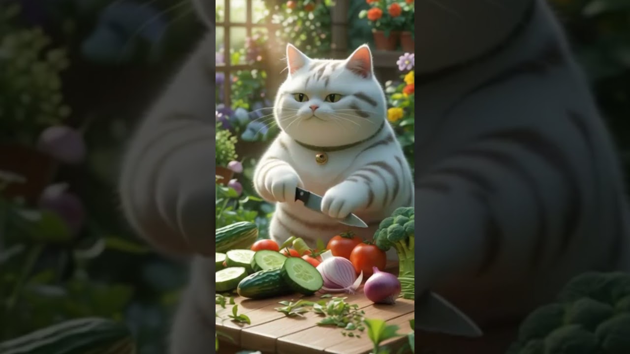 Cute 3D Cat Cooking Vegetables | Funny White Chubby Cat Harvesting & Making Soup Animation”