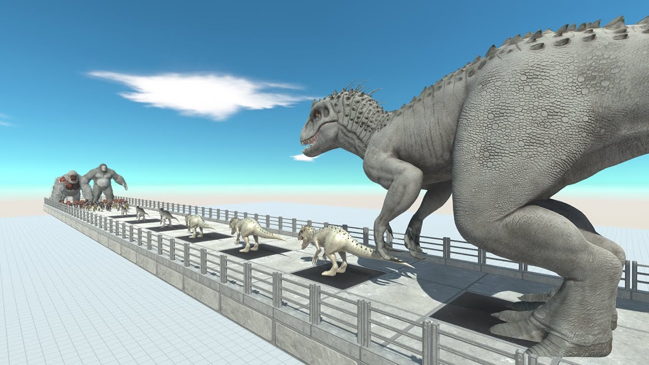 Dinosaurs, together with gorilla and the giant Bigfoot vs  7 level of Indominus rex in ARBS