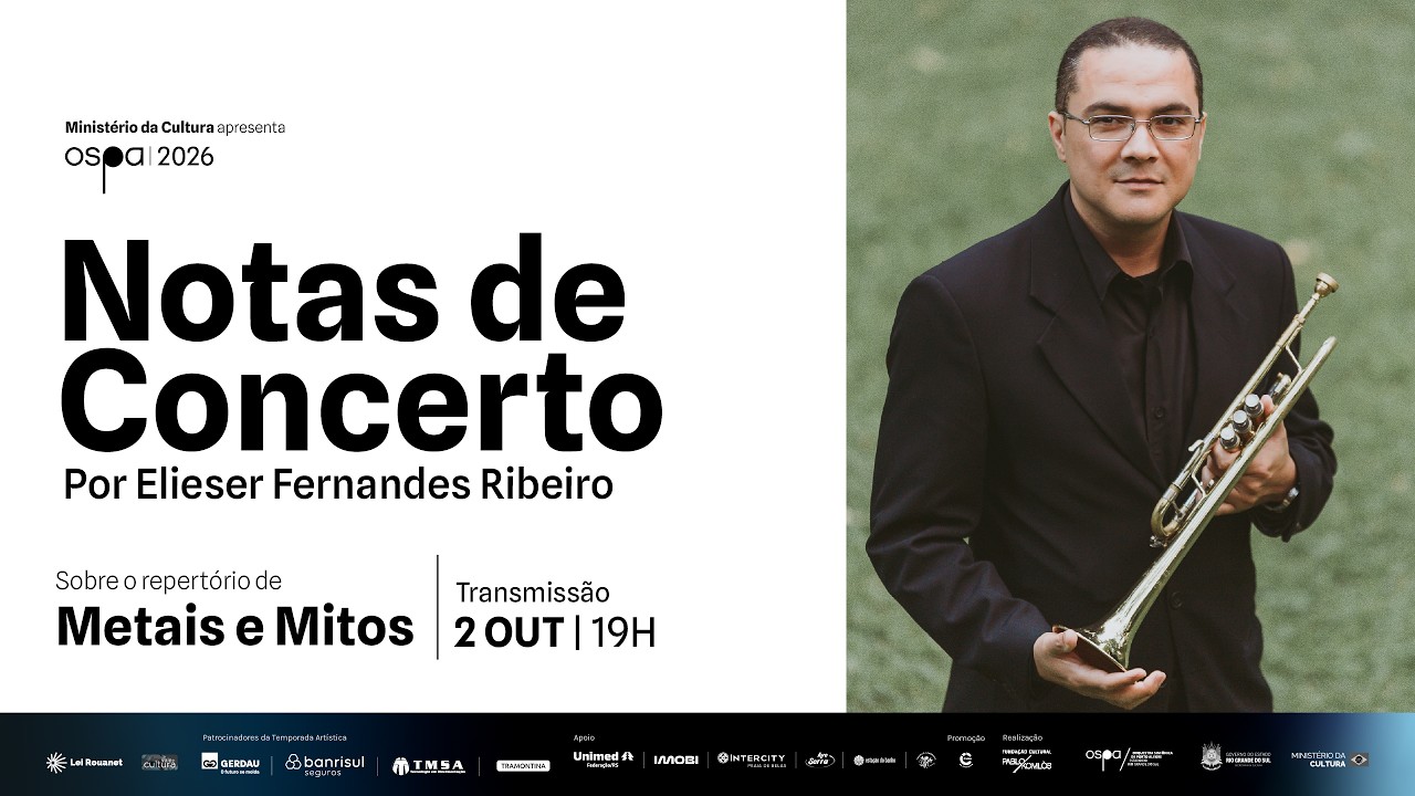 O trompetista da OSPA Elieser Fernandes Ribeiro apresenta a palestra Notas de Concerto sobre o repert&oacute;rio de &ldquo;Metais e Mitos&rdquo;.