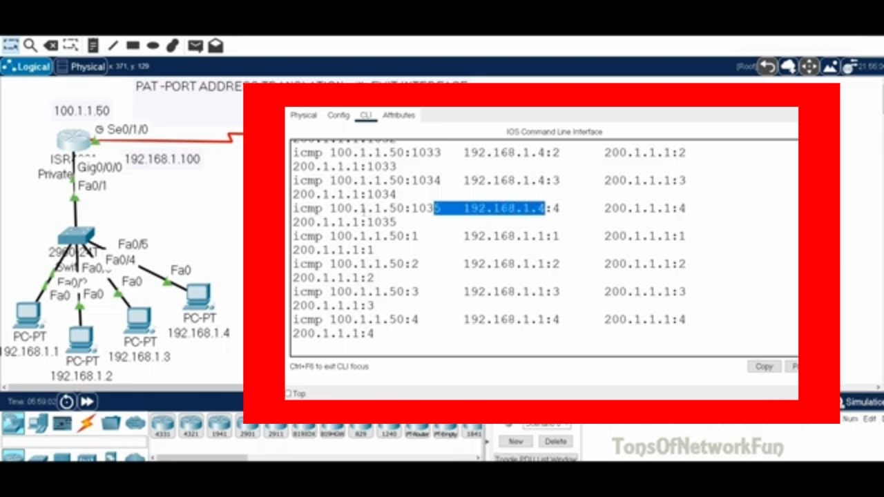 PAT PORT ADDRESS TRANSLATION Using EXIT INTERFACE I PACKET TRACER I