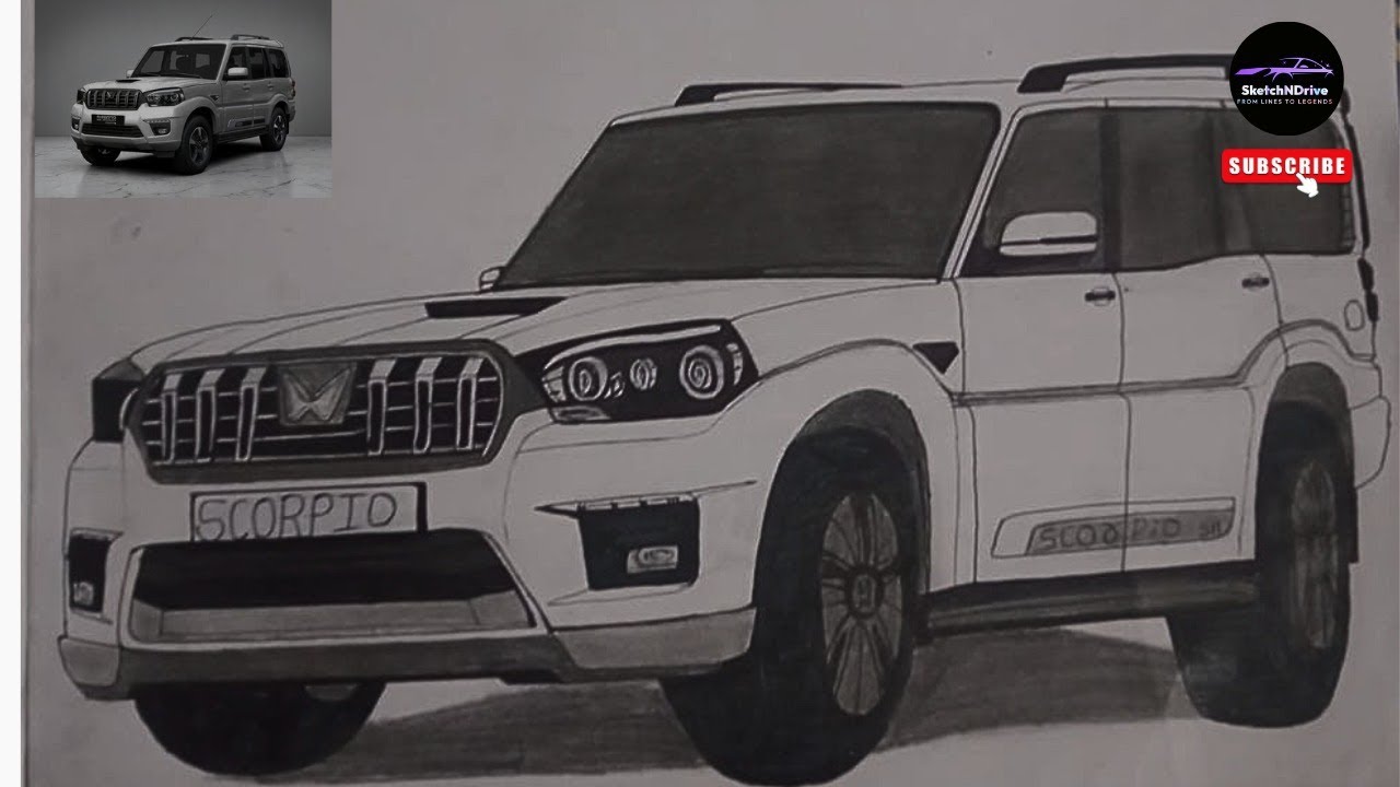 Mahindra Scorpio Drawing | Realistic Car Sketch | How to make Scorpio Car Drawing | SUV Sketching 🔥