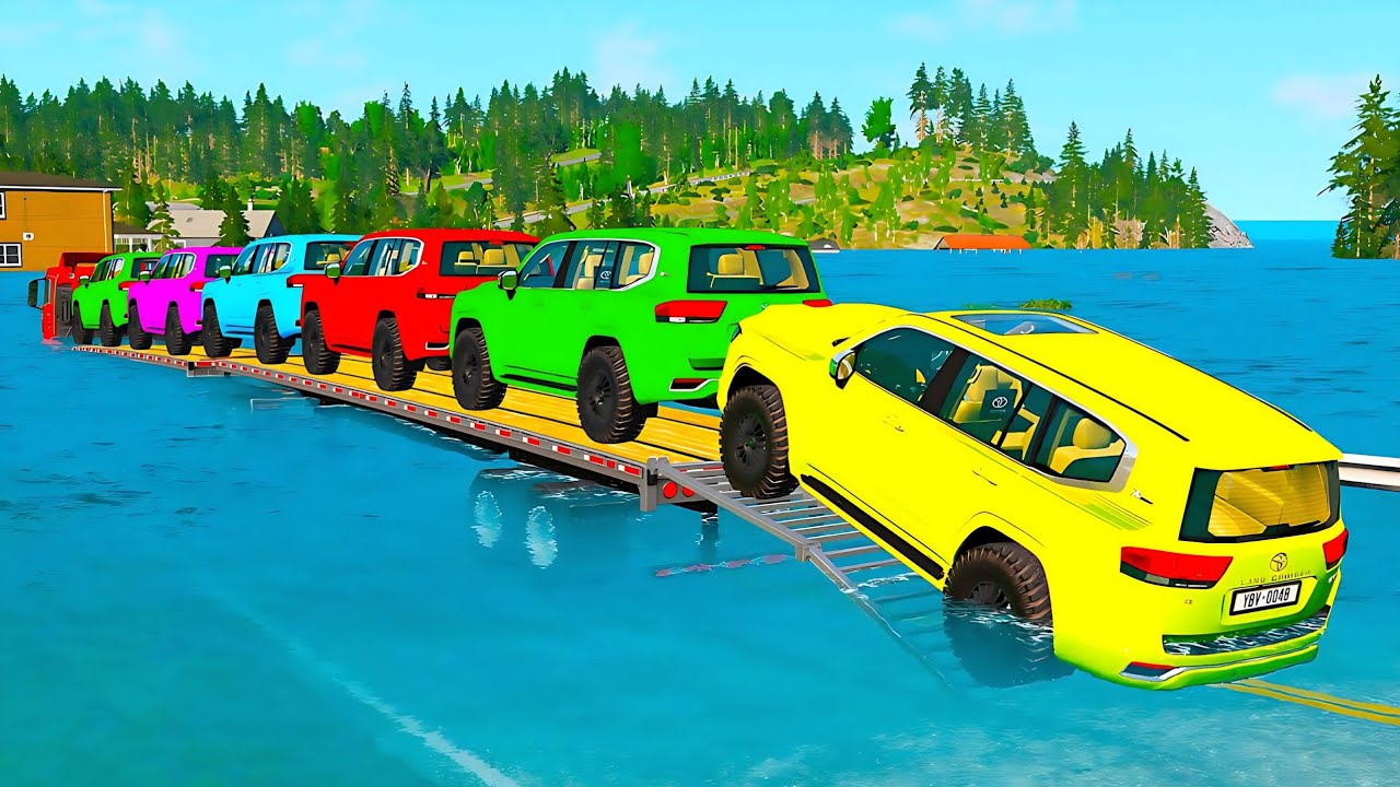 Triple Flatbed Trailer McQueen Transportation with Truck - Speedbumps vs Cars vs Train - BeamNG #23