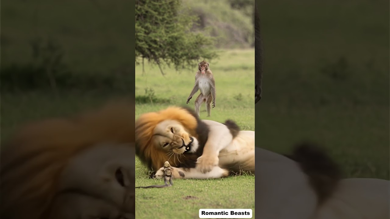 Monkey using cobra to confuse the lion