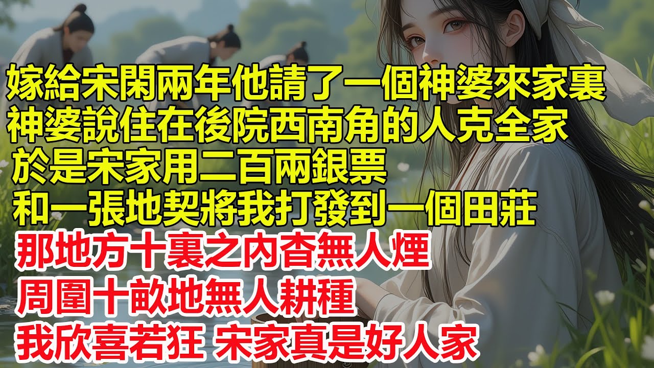 嫁給宋閑兩年，他請了一個神婆來家裏，神婆說住在後院西南角的人克全家，於是宋家用二百兩銀票和一張地契，將我打發到一個田莊，那地方十裏之內杳無人煙，周圍十畝地無人耕種，我卻欣喜若狂...