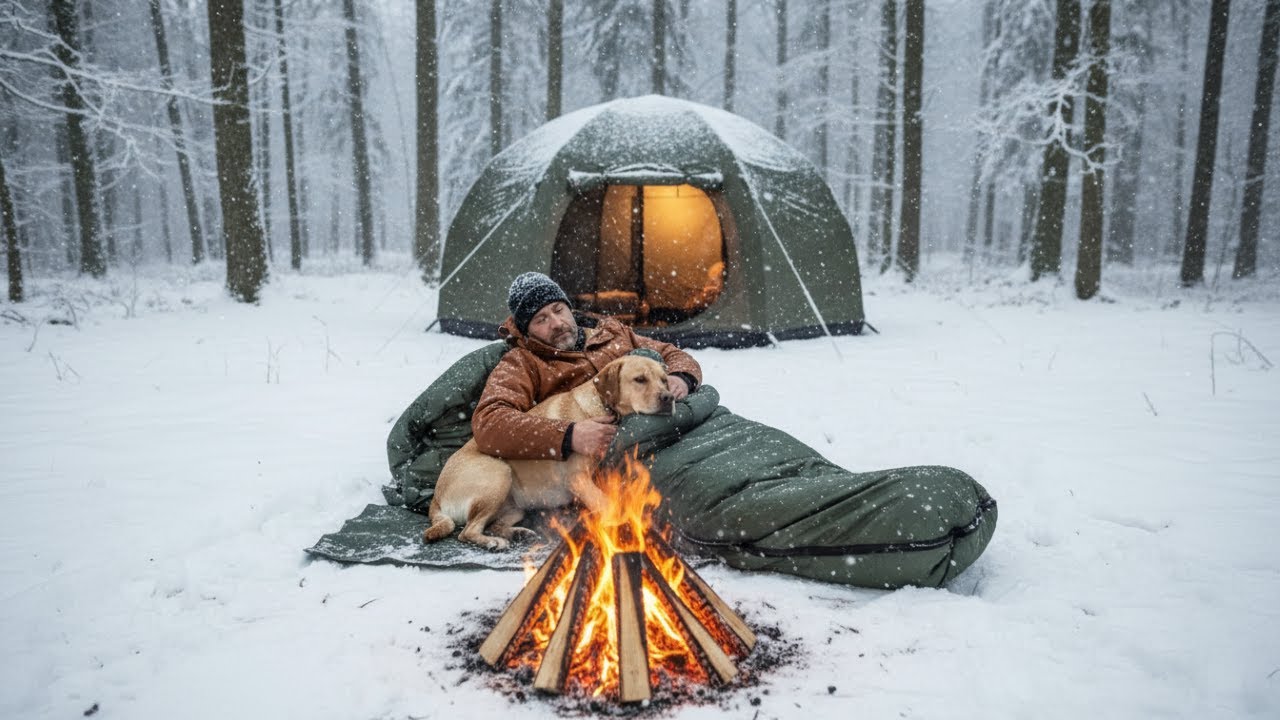 Heavy Rain Forest Camping with My Dog · Inflatable Waxed Canvas Tent · Knife Cooking ASMR