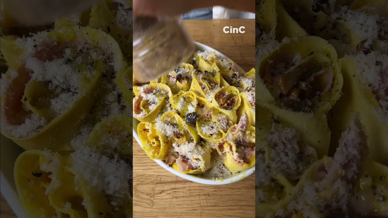 Fresh Pasta Roll with Mushrooms, Prosciutto and Taleggio