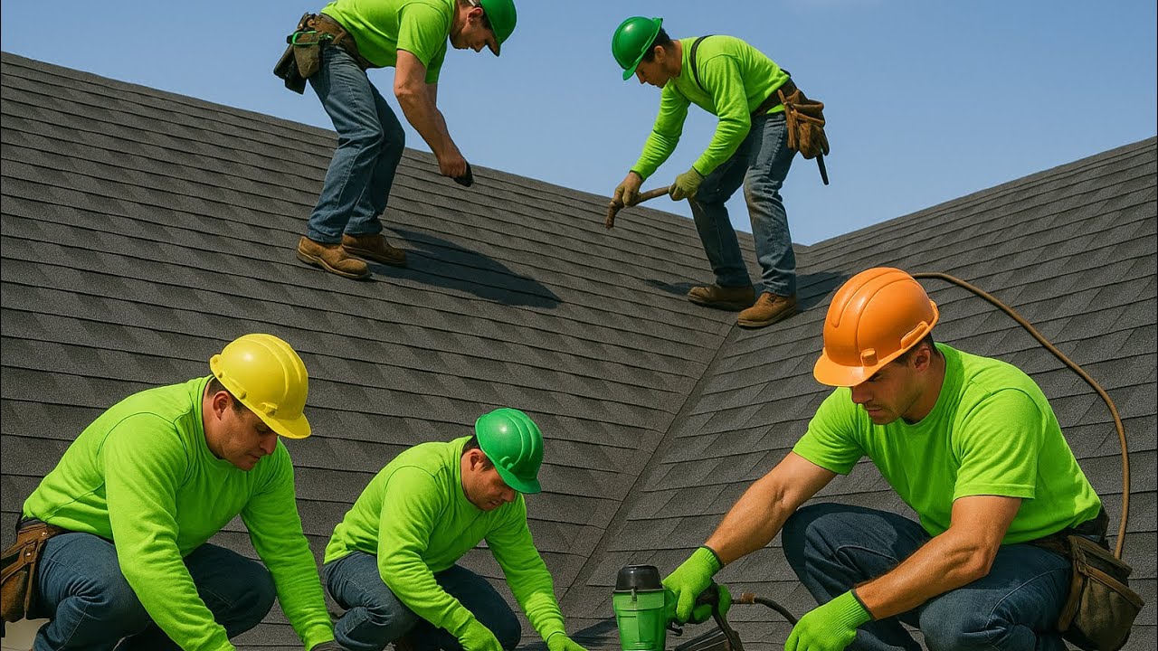 Pro Roofing crew installing roof 