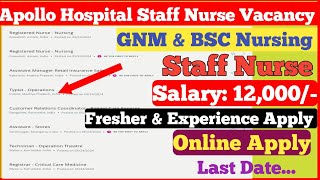 Apollo Hospital Staff Nurse Vacancy || Nursing Job Vacancy || Staff Nurse | GNM & BSC | Online Apply