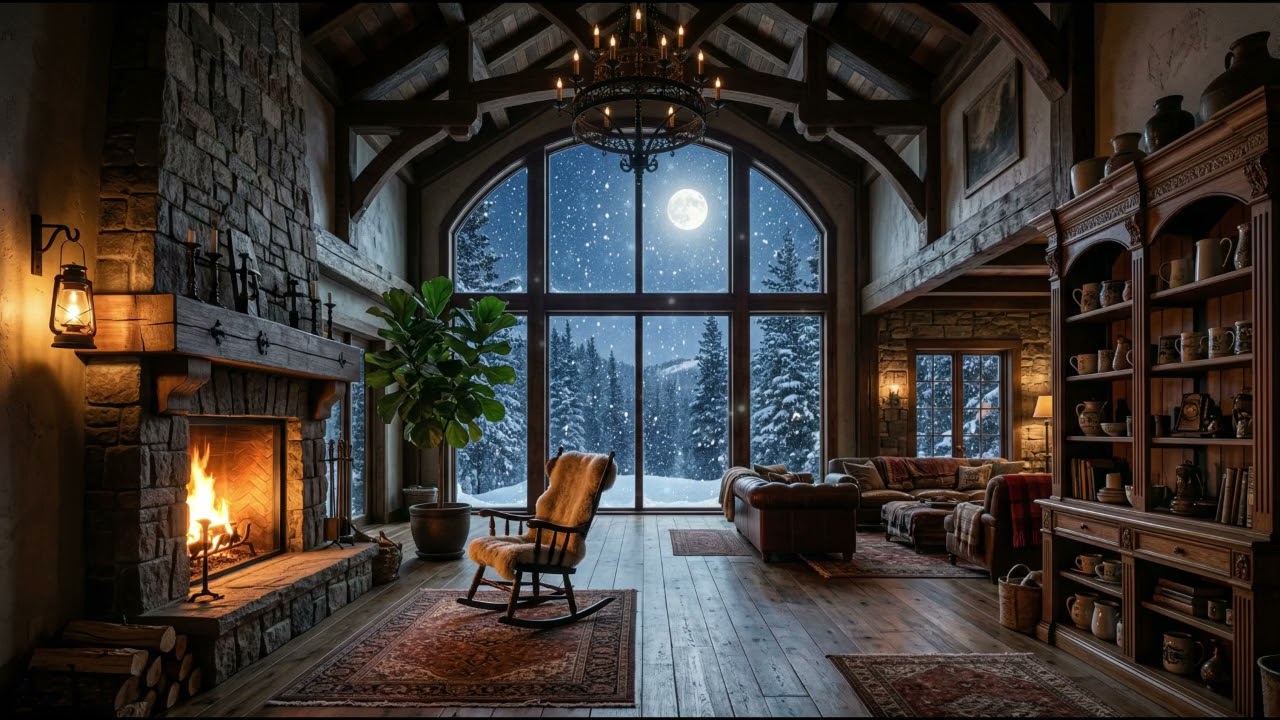 Winter Cabin Still Night – Warm Lantern Glow, Falling Snow & Moonlit Calm