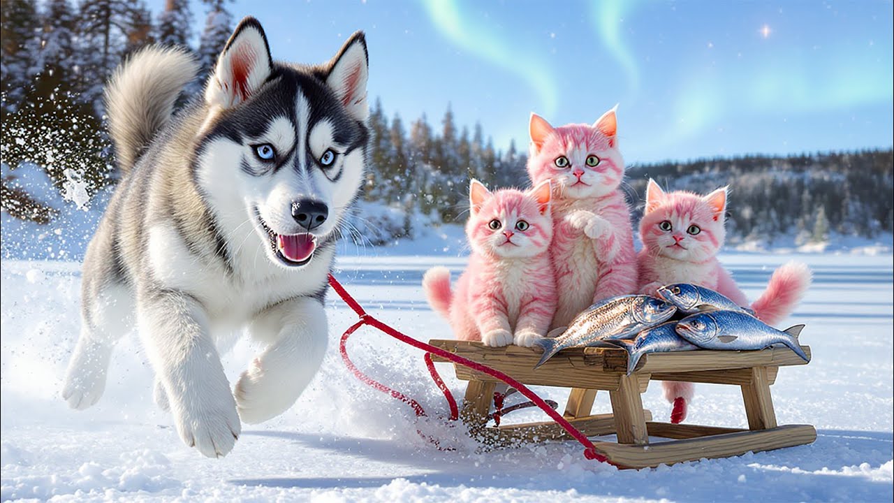 Pink Cats & Husky Survive the Blizzard 🌨️🐾  Ice Fishing, Snow Journey & Aurora Night