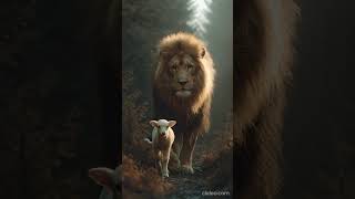 photo realistic image of huge lion walking with lamb