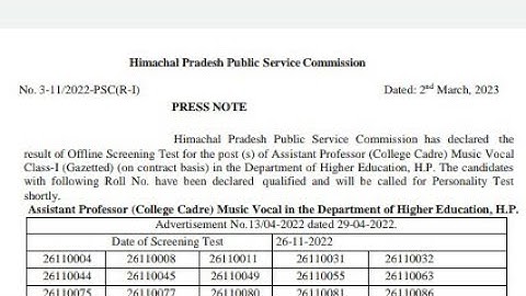 hppsc Assistant Professor Music Vocal exam result 2023 | music vocal  written exam result | hppsc |