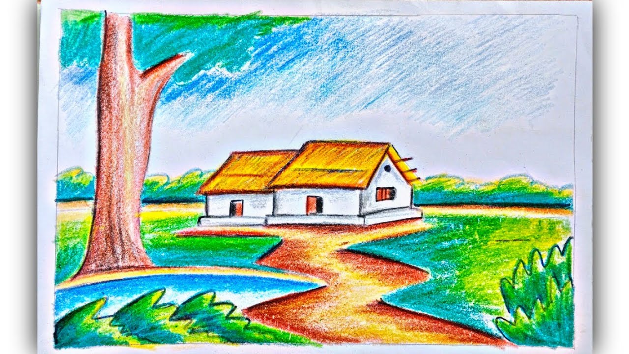 Scenary Simple Easy and simple scenery//Scenery drawing crayon colour - YouTube