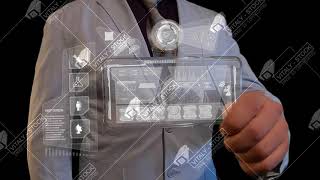 Man with a futuristic screen. The concept of the future interface on a transparent display