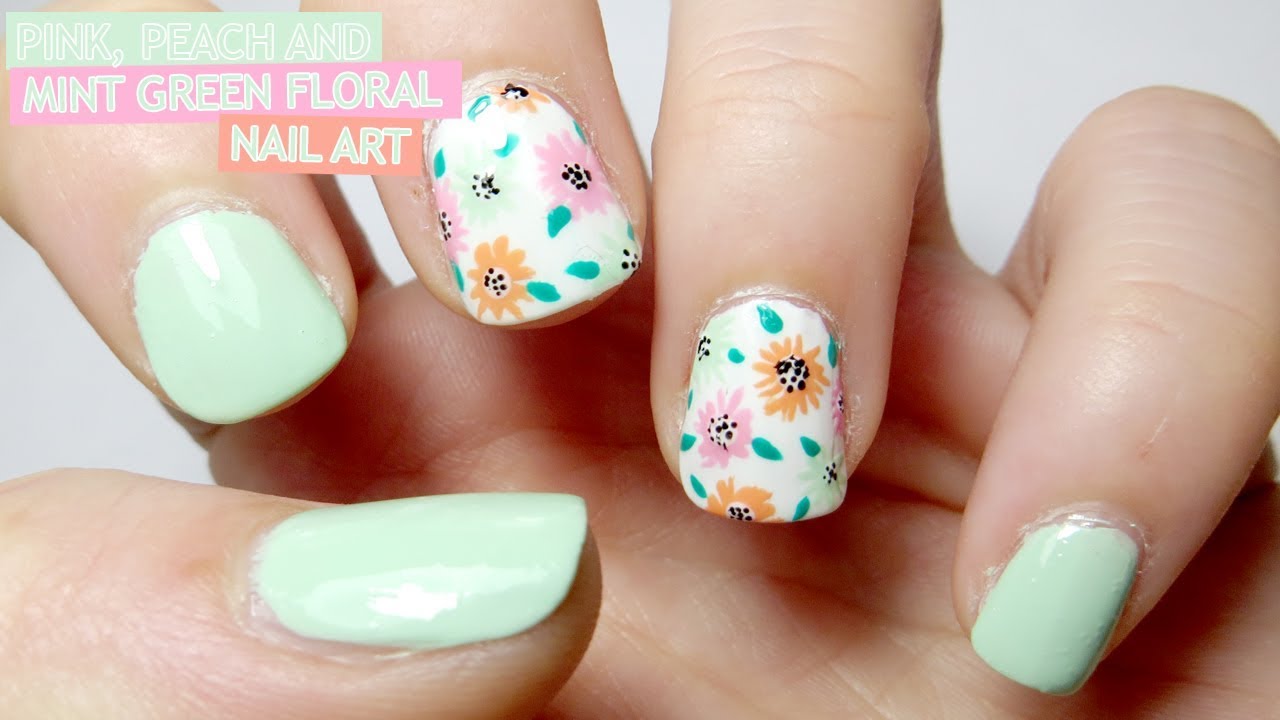 Pink, Peach and Mint Green Floral Nail Art - YouTube Pink, Peach and Mint Green Floral Nail Art - YouTube