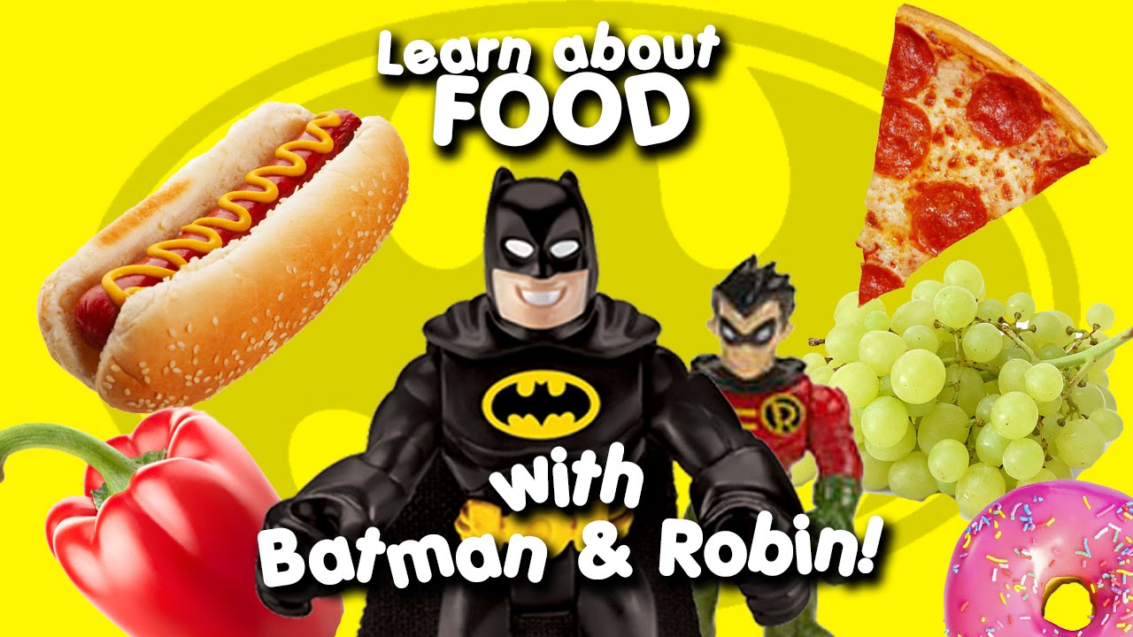 batman teaches robin about junk food fruit and veg Superhero educational kids imaginext toys