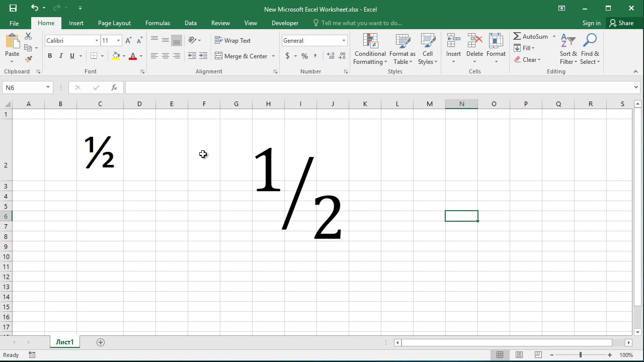 How to type fraction one half (½) in Excel