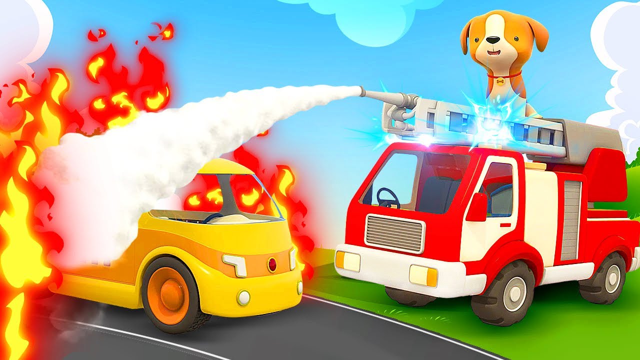 Helper Cars  the broken yellow car The fire truck saves the day Learn animals  cartoons for kids