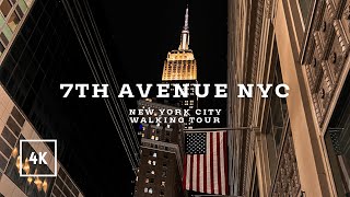 New York City Walking Tour - 7th Avenue, Midtown Manhattan, NYC at night, city sounds, 4K 60fps