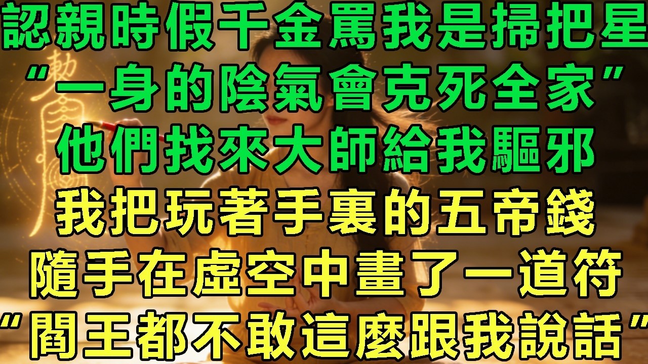認親時假千金罵我是掃把星“一身的陰氣會克死全家”他們找來大師給我驅邪，我把玩著手裏的五帝錢，隨手在虛空中畫了一道符，“閻王爺都不敢這麼跟我說話”#故事 #靈異故事 #情感故事 #玄學
