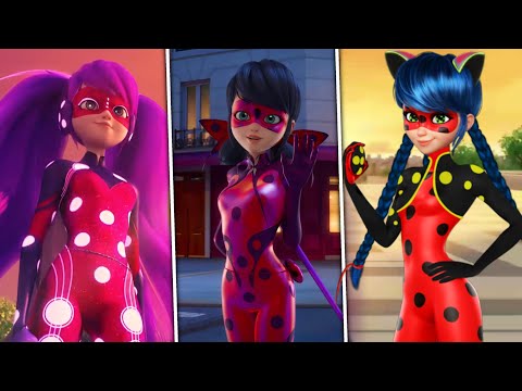 All Transformations of Marinette Dupain Cheng | Lady Fly, Bug Noir, Penny Bug, Lady Noir, Cosmo Bug