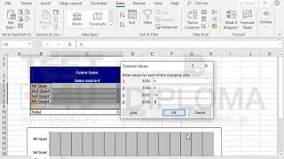Create two Scenarios with the following data:   1) Name: Min, changing cells: C5:C8, values: 5,...