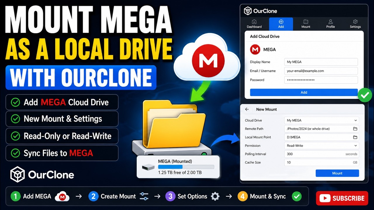 Mount MEGA as a Local Drive with OurClone - YouTube